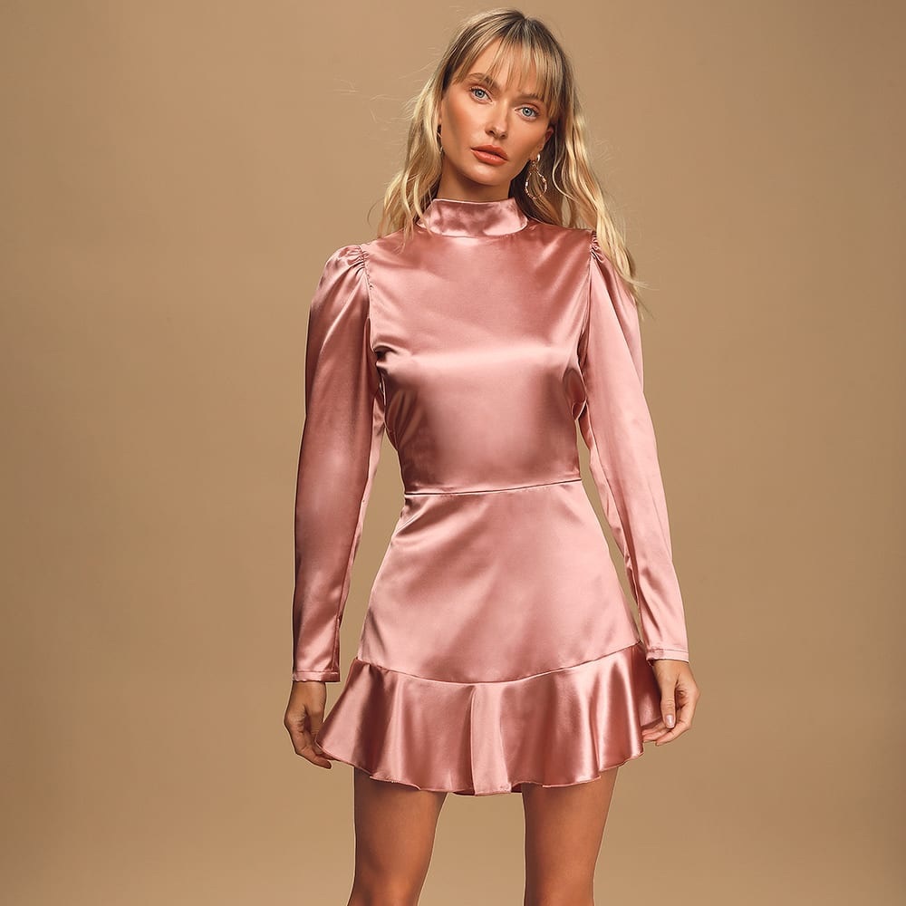 Lulu's Mauve Satin Long Sleeve Ruffled Mini Dress